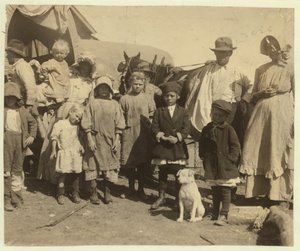 1913年に1日のベールと半分の綿を収穫した後、テキサス州マッキンニー近くの農場を離れる巡回綿ピッカー