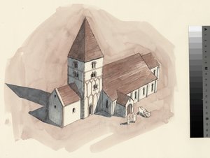 ノルマン時代のサン・ピエトロ教会の復元図（紙に水彩画）