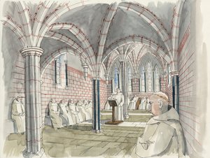 1530年頃のシャップ修道院のチャプター・ハウスの復元（紙に水彩画）