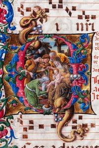 ピッコロミニ図書館：聖歌隊の本、タラ。 19.4、ff。 Liberale da Verona (約 1445 - 1527/9) による「マギの崇拝」の 9v。 詳細。 作： Liberale da Verona