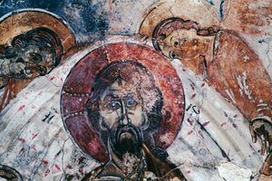 ギリシャ、クレタ島、コミタデスのビザンチン様式の聖ゲオルギウス教会のフレスコ画「キリスト」（写真 作： Unbekannt Unbekannt