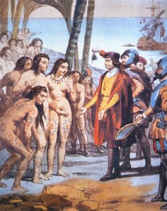 1492年、新大陸に上陸したクリストファー・コロンブスは、タイノ族のインディアンに迎えられた（カラーリトグラフ）。