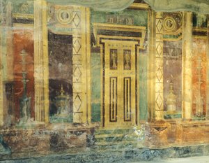 イタリア、カンパニア州、オプロンティ、トッレ・アンヌンツィアータ遺跡地域、ローマ時代のヴィラ・ポッパエア、大広間、第二次ポンペイ様式の柱のフレスコ画 作： Unbekannt Unbekannt