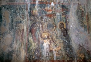 イエスと足の洗浄（ギリシャ・クレタ島ケファリ、アギオス・アタナシオスのビザンチン様式教会のフレスコ画）（写真 作： Unbekannt Unbekannt