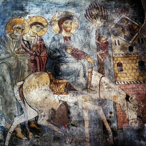 ロバに乗ってエルサレムに入るイエス（ギリシャ、クレタ島、ミリオケファラ、パナギア・アンティフォニトリア修道院内のフレスコ画）（写真