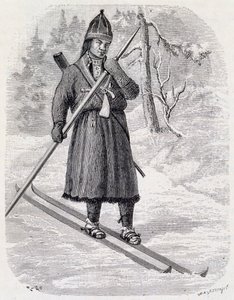 1884年にAdolf Erick Nordenskjoldが主催したクロスカントリースキー大会で優勝したラップランドの選手、Lars Tuorda、墨絵