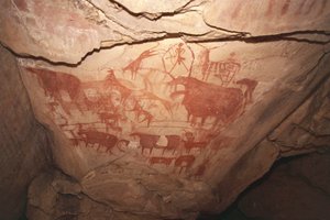 狩猟の様子を描いた絵画（サハラの岩絵、チャド州ティベスティのエネリ・トゥグウィ 作： Unbekannt Unbekannt