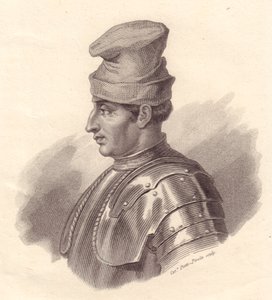 イタリアの軍事指導者Niccolo Fortebraccio（別名Della Stella）（1389-1435）の肖像、Caterina Piotti-Pirolaによる銅版画