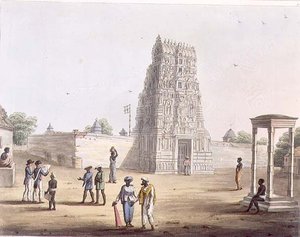 ストルーパーマドールのパゴダ、H.メルケ（fl.1800-20）の彫刻、エドワード・オルム（1774-c.1820）が出版した「マイソール王国の絵入り風景」の第23版、1804年（アクアチント）。