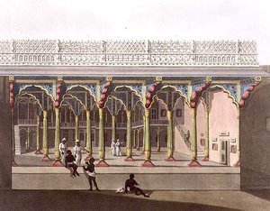 バンガロールのティンプー宮殿の西正面、ジョセフ・コンスタンティン・スタドラー（fl.1780-1812）が彫刻し、エドワード・オルム（1774-c.1820）が出版した「マイソール王国の絵入り風景」のプレート10（アクアチント）。