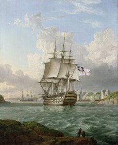 地中海の港（おそらくマルタ）を出港する1820年建造の120門艦、HMS「ブリタニア号 作： Lieutenant Robert Strickland Thomas