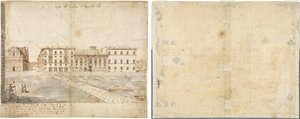 ローマの18のビュー：Collegio di Propaganda Fide（レクト）。 Collegio di Propaganda Fide の屋根裏部屋の窓と柱柱のスケッチ (裏面) 作： Lievin Cruyl
