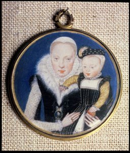 レディキャサリンシーモアの肖像ミニチュア、ニーグレイ（c.1538-68）ハートフォード伯爵夫人、幼い息子を抱き、夫のミニチュアを着たc.1562 作： Lievine Teerlink