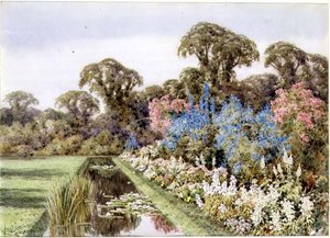 池のほとりの草原（水彩画） 作： Lilian Stannard
