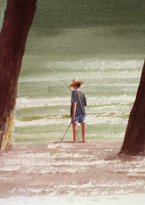 Henry Fishing、1990（紙にアクリル） 作： Lincoln Seligman