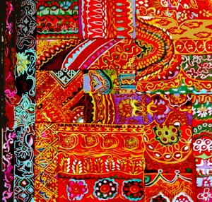 インド刺繍、2017年（カラフル、緻密、エスニック、スリー、フローラルのキャンバス、インド） 作： リンダ・アーサー