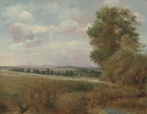 遠くにハローがあるハムステッドの風景、c.1849-55（キャンバスに油彩） 作： Lionel Constable