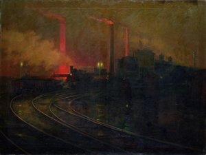 夜のカーディフ、製鉄所 作： Lionel Walden