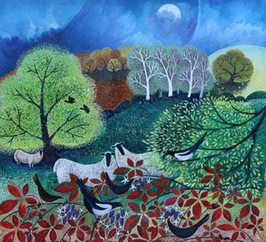 フルーツペッカーズ、2021年（紙にアクリル） 作： Lisa Graa Jensen