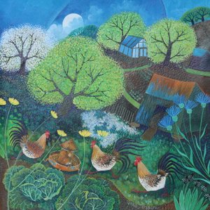 幸せな鶏、2016年（紙にアクリルインク） 作： Lisa Graa Jensen
