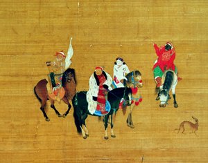 クブライ・カーン（1214-94）狩猟、元王朝（絹のインクと色）（詳細） 作： Liu Kuan tao