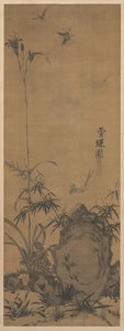 百合と蝶、1300年代。 作： Liu Shanshou