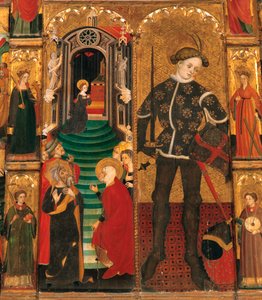 ゴシック時代。聖母と聖ジョルジョの祭壇画（サン・ジョルディ）、リュイス・ボラッサ（1360-1426）作。木版画。1390年から1400年までにバルセロナで制作された作品。詳細、神殿のマリーと騎士としての聖ジョルジュ（サン・ジョルディ/サン・ジョルジェ）の贈呈。コンヴェ 作： Lluís Borrassà