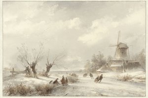 風車でスケーターと冬の風景 作： Lodewijk Johannes Kleijn