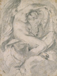 雲の中のニンフ（フローラ）（オフホワイトの紙に切り株が入った黒いチョーク） 作： Lodovico Carracci