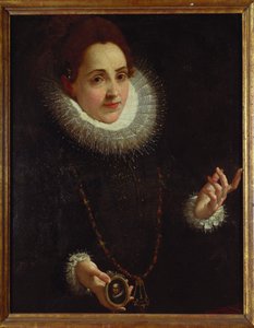 紳士の肖像ミニチュアを保持している女性の肖像 作： Lodovico Carracci