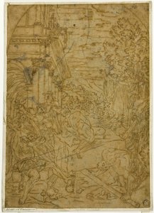 悪魔が動かなくした石を動かす聖ベネディクト 作： Lodovico Carracci