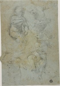4つのプッティのスケッチ（直腸）; ひざまずく聖職者 (裏面) 作： Lodovico Carracci