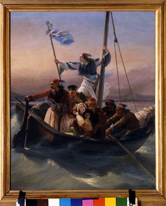 オスマン帝国の支配とギリシャ独立戦争 (1821-1830) またはギリシャ革命の後、ギリシャのアレゴリー号に乗って独立に向かって行進するギリシャ人。 ルドヴィコ・リッパリーニ (1800-1856) による絵画 1848 ヴェローネ 作： Lodovico Lipparini