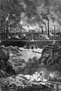 ジュール・ヴェルヌ「ベガムの5億」（ヘッツェル版／1879年刊）より、レオン・ベネットによるドローイング。巨大な工場群（高炉、製鉄所）、「鉄鋼都市」の眺め。