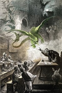 ジュール・ヴェルヌの小説 "Le chateau des Carpathes", edition Hetzel/Voyages extraordinaire 1892, drawing by Leon Benettの挿絵。エルモド魔法使いは、ドラゴン、手数料、悪魔、妖怪、亡霊...と共に城を呼び起こす。
