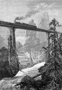 ジュール・ヴェルヌ「ベガムの5億」（ヘッツェル版／1879年刊）より。激流のある山の風景の中、大胆な橋の上を通過する蒸気機関車。 作： Léon Benett