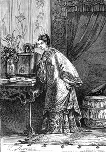 ジュール・ヴェルヌ『中国人の苦難』（ヘッツェル版／1879年刊）より。蓄音機で録音されたメッセージを聞く中国の少女。