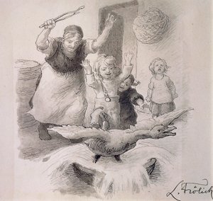 醜いアヒルの子、ハンス・クリスチャン・アンデルセン（1805-1875）のおとぎ話のためにローレンツ・フロリッヒ（1820-1908）が描いたイラスト。