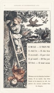 Emile, Etienne, Echelle, Echelon, Squirrel, Sparrow, Epinard, Scarer, Farry, Stourneau, page 18 - Mademoiselle Liliによるアルファベット、L. Froelichによるアルファベット、お父さん（Hetzel自身）によるアルファベット。J. Hetzel  Cie, パリの図書館と教育・娯楽雑誌。 作： Lorentz Froelich