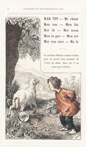 Martin、Mechant、Mouton、Mill、Tuesday、Sparrow、Mountain、Rise、Chestnut、Mais、26ページ - Mademoiselle Liliによるアルファベット、L. Froelichによるアルファベット、お父さん（Hetzel自身）によるアルファベット。J.ヘッツェル＆シエ、パリの図書館＆教育＆レクリエーション雑誌 作： Lorentz Froelich