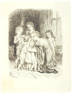 ひざまずいて子供たちのグループを自分の周りに集める母親 作： Lorenz Frølich