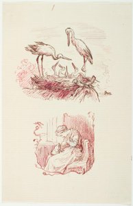 F.o.:コウノトリ。 F.n.: 膝の上にカエルを乗せて座っている女性 作： Lorenz Frølich