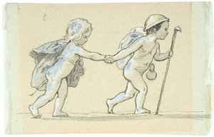 歩いている男の子と女の子が手を繋いでいるビネット 作： Lorenz Frølich