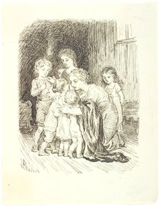 ひざまずいて子供たちのグループを自分の周りに集める母親 作： Lorenz Frølich