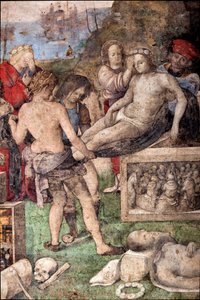 聖セシルの生涯聖ヴァレリアンと聖ティブルティウスの埋葬、細部（フレスコ画 作： Lorenzo Costa