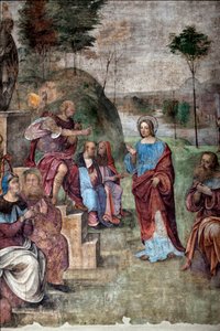 聖セシルの生涯聖セシリアの裁判、詳細（フレスコ画 作： Lorenzo Costa