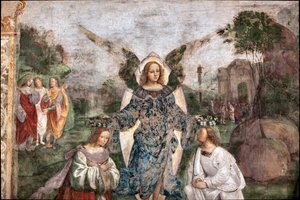聖セシルの生涯。天使に戴冠されたヴァレリアンとセシリア、細部（フレスコ画 作： Lorenzo Costa