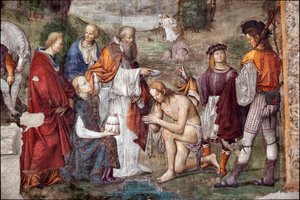 聖セシルの生涯。教皇ウルバン1世から洗礼を受けたヴァレリアン、詳細（フレスコ画 作： Lorenzo Costa