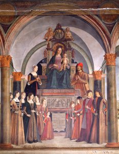 聖母子と天使たち、ロレンツォ コスタ (ca 1537-1583) 作、サン ジャコモ マッジョーレ教会、ボローニャ、イタリアのベンティヴォーリオ礼拝堂 作： Lorenzo Costa