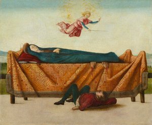 カタファルクの奇跡（パネルB）、1500年から1506年頃（パネル上のテンペラ） 作： Lorenzo Costa